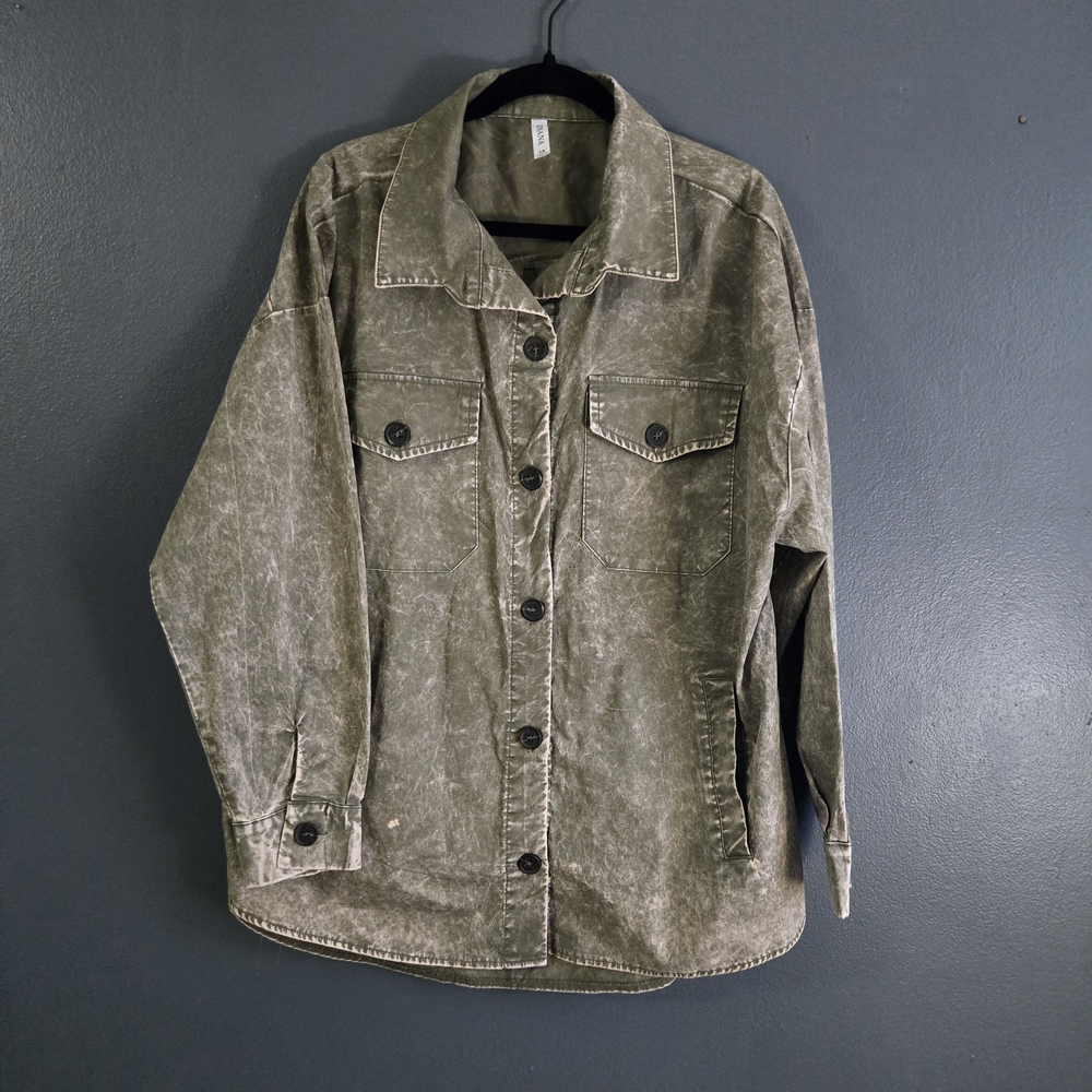 Zenana Olive Green Button-Up Acid Wash Shirt Jacket Women's 1X - Picture 6 of 7